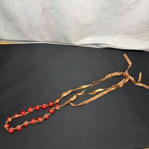 Ribbon Tie Bead Necklace Womens OS Red Bronze Adjustable Choker